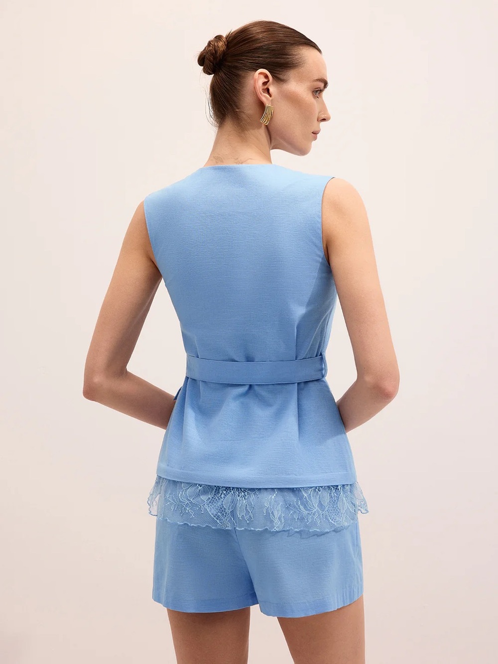 Commense Cotton Linen Blue Lace Belted Vest & Shorts Set M - Picture 3 of 17